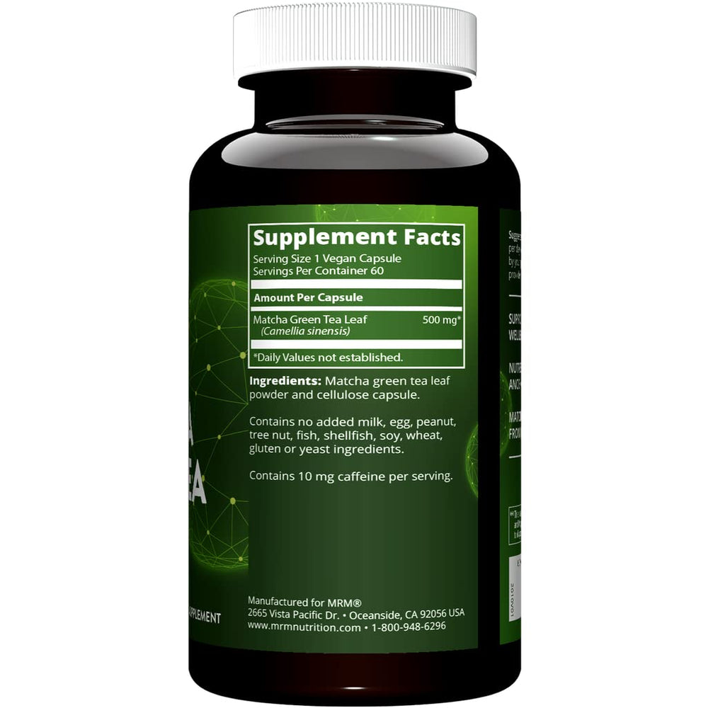 MRM Matcha Green Tea Capsules close-up highlighting convenient 60 serving bottles for daily routines.