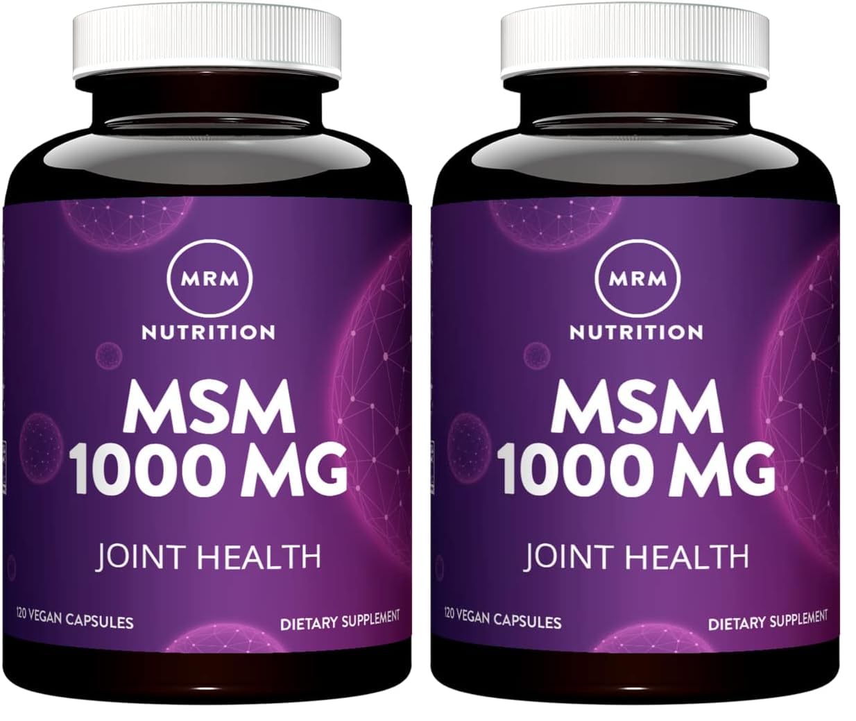 MRM MSM 1000mg bottle label highlights gluten-free vegan formula for joint support