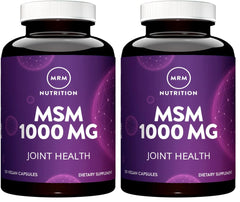 MRM MSM 1000mg bottle label highlights gluten-free vegan formula for joint support