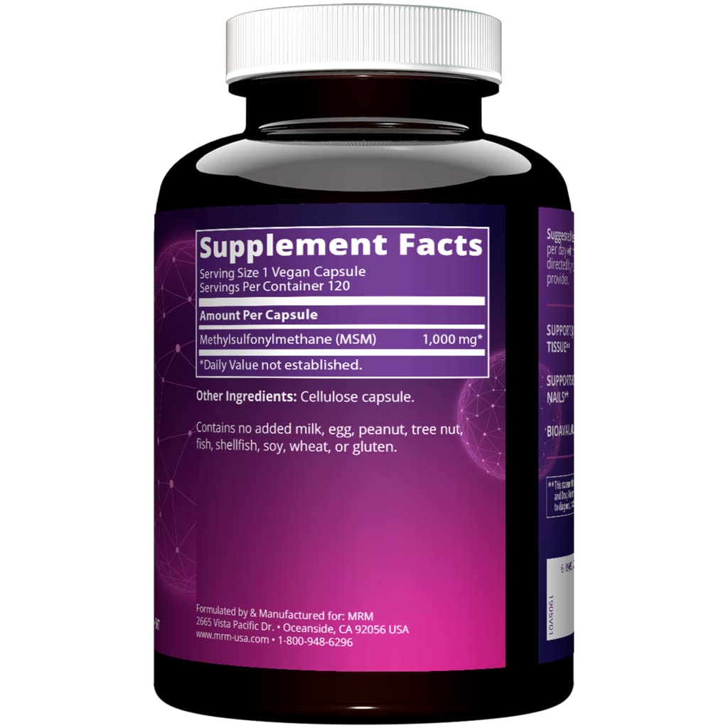 MRM MSM 1000mg capsules close-up shows easy-to-take capsules for daily use