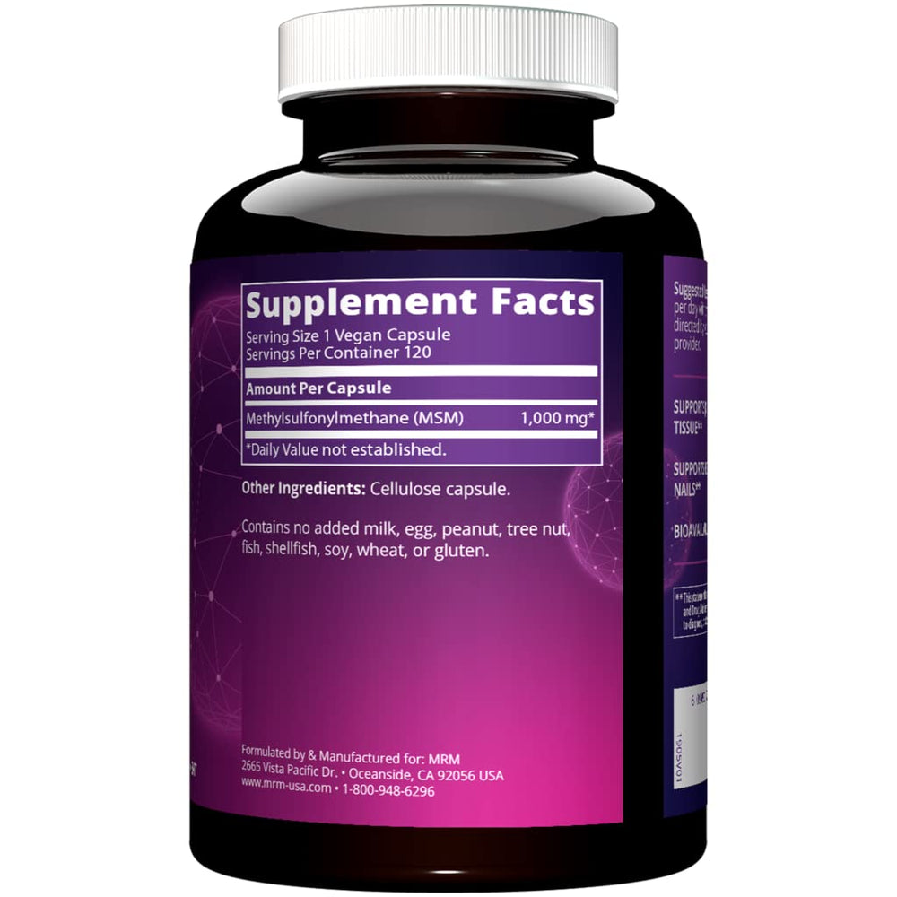 MRM MSM 1000mg capsules close-up shows easy-to-take capsules for daily use