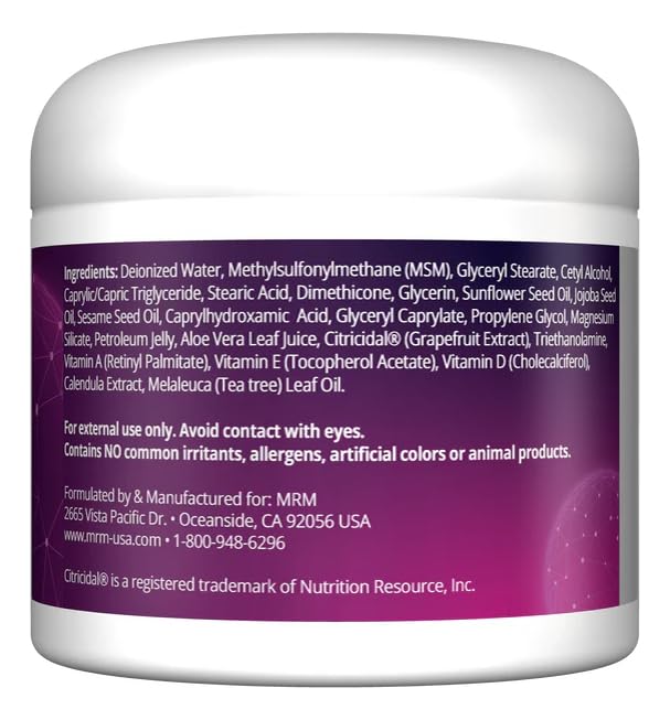 MRM MSM Cream jar showing rich formula for texture and scar appearance