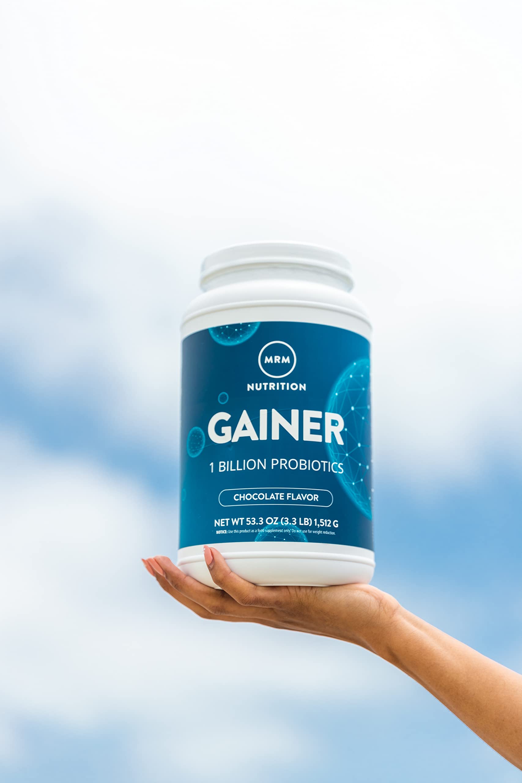 MRM Gainer packaging highlights chocolate flavor and ingredients