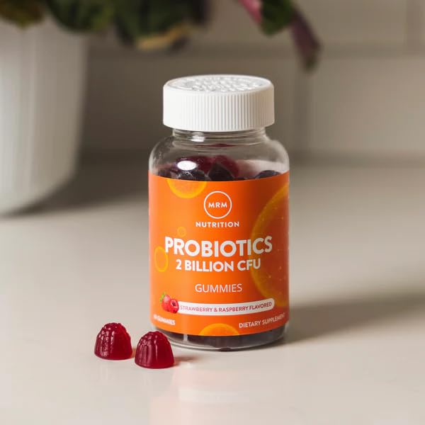MRM Probiotics Gummies label with certifications suggests vegan and gluten-free formula.