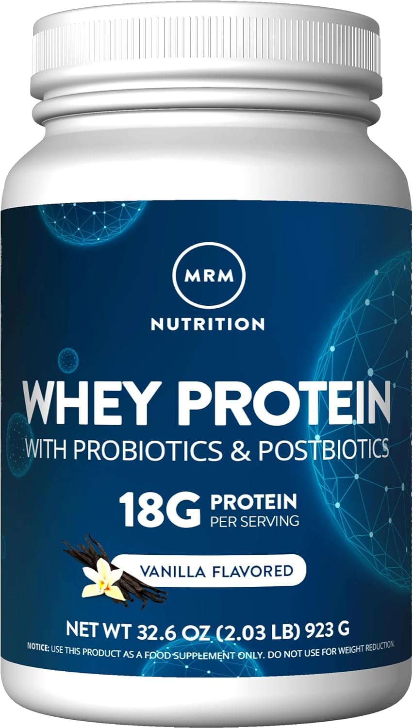 MRM Nutrition whey protein vanilla bottle emphasizes high absorption for workouts