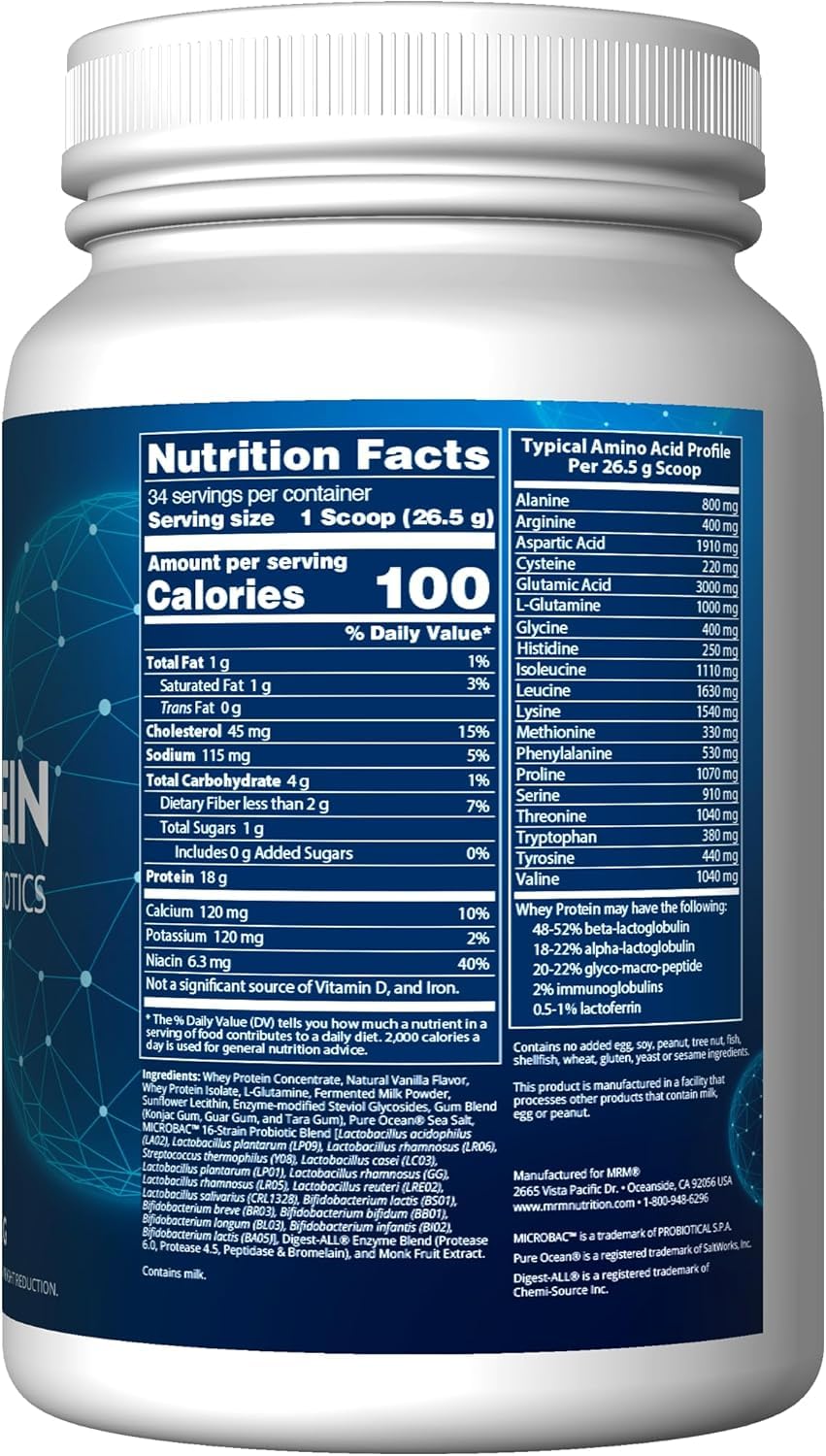 MRM whey protein vanilla label close-up showing probiotic and enzyme support