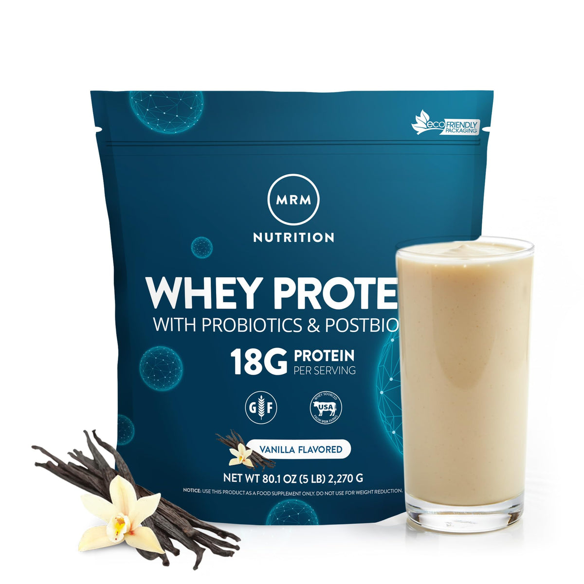 MRM Whey Protein Vanilla en envase frontal para empezar el día.