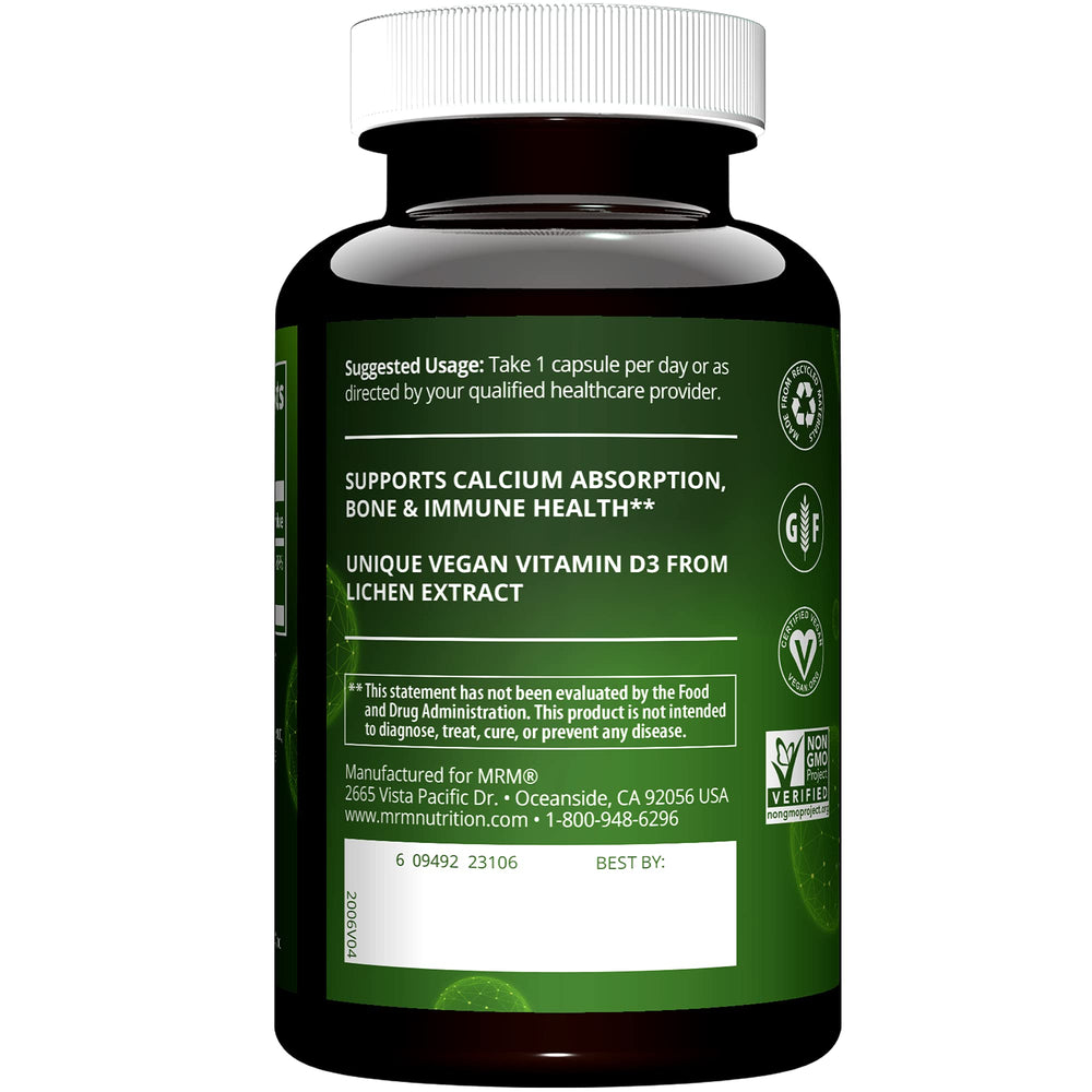 MRM Nuturition vegan Vitamin D3 5000 IU capsules offer plant-based D3