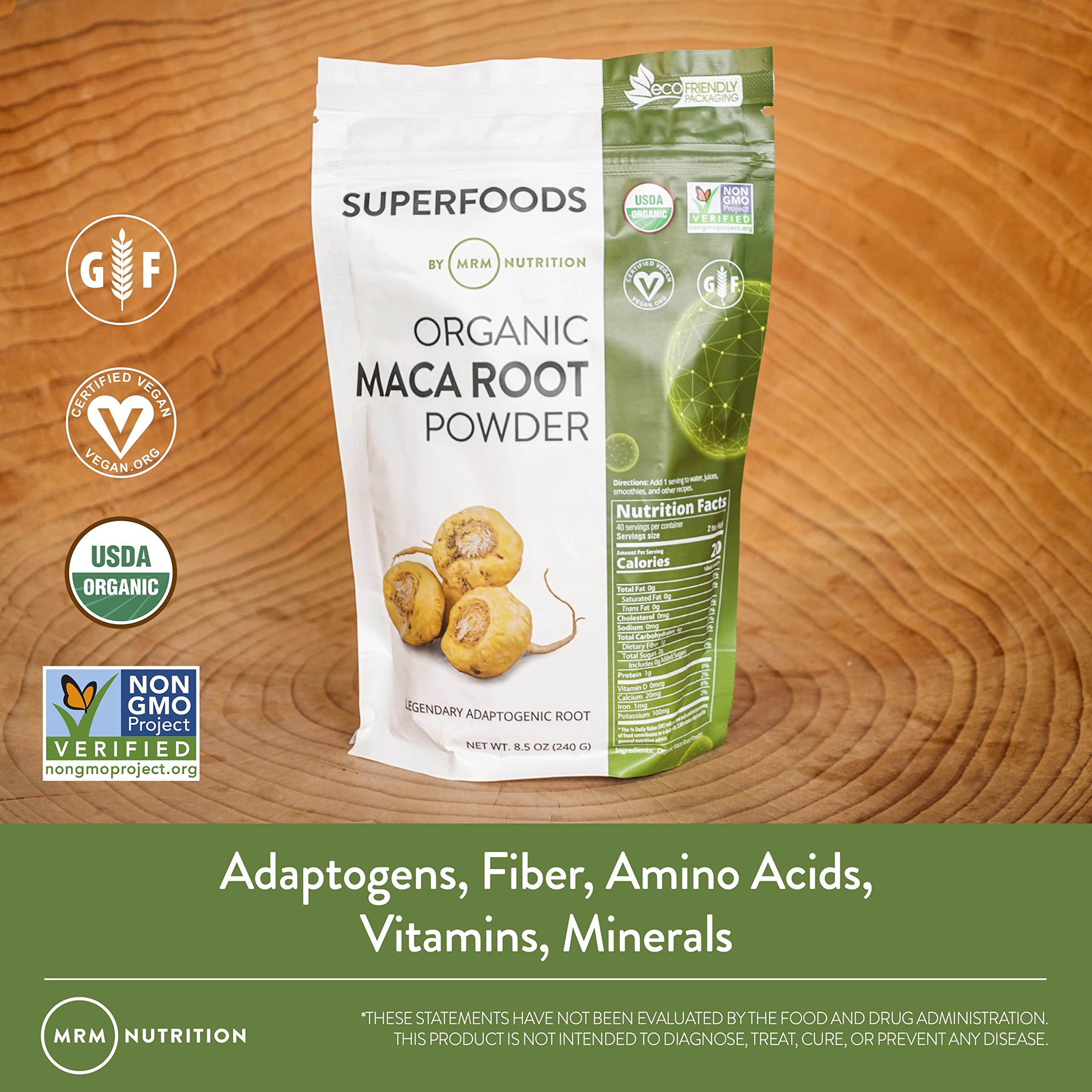 MRM Organic Maca Root Powder bowl with blended drink ready to sip