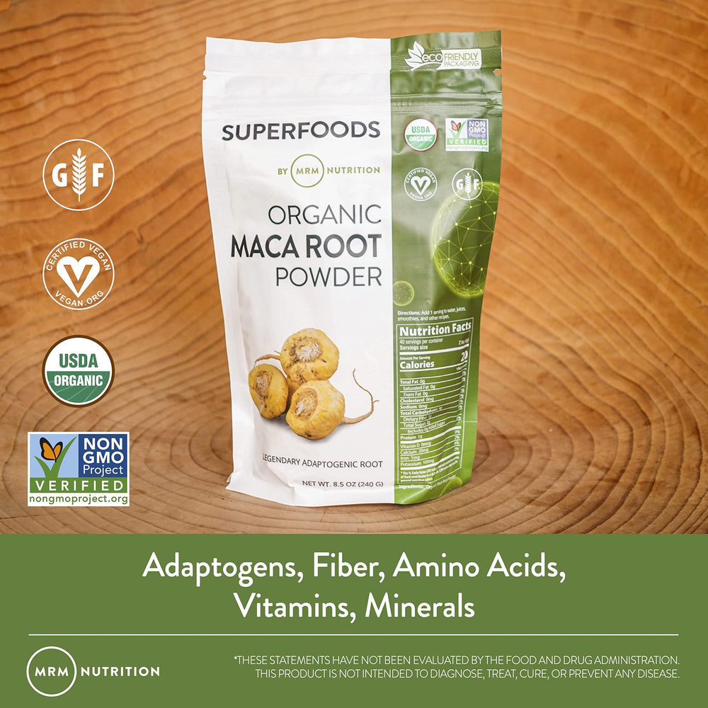MRM Organic Maca Root Powder bowl with blended drink ready to sip