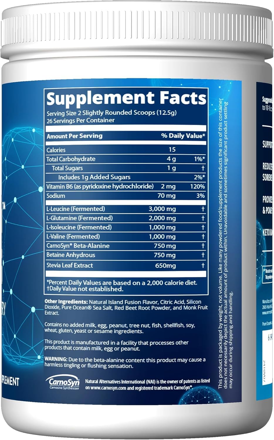 MRM Reload BCAA+G Island Fusion scoop on top measures for endurance support.