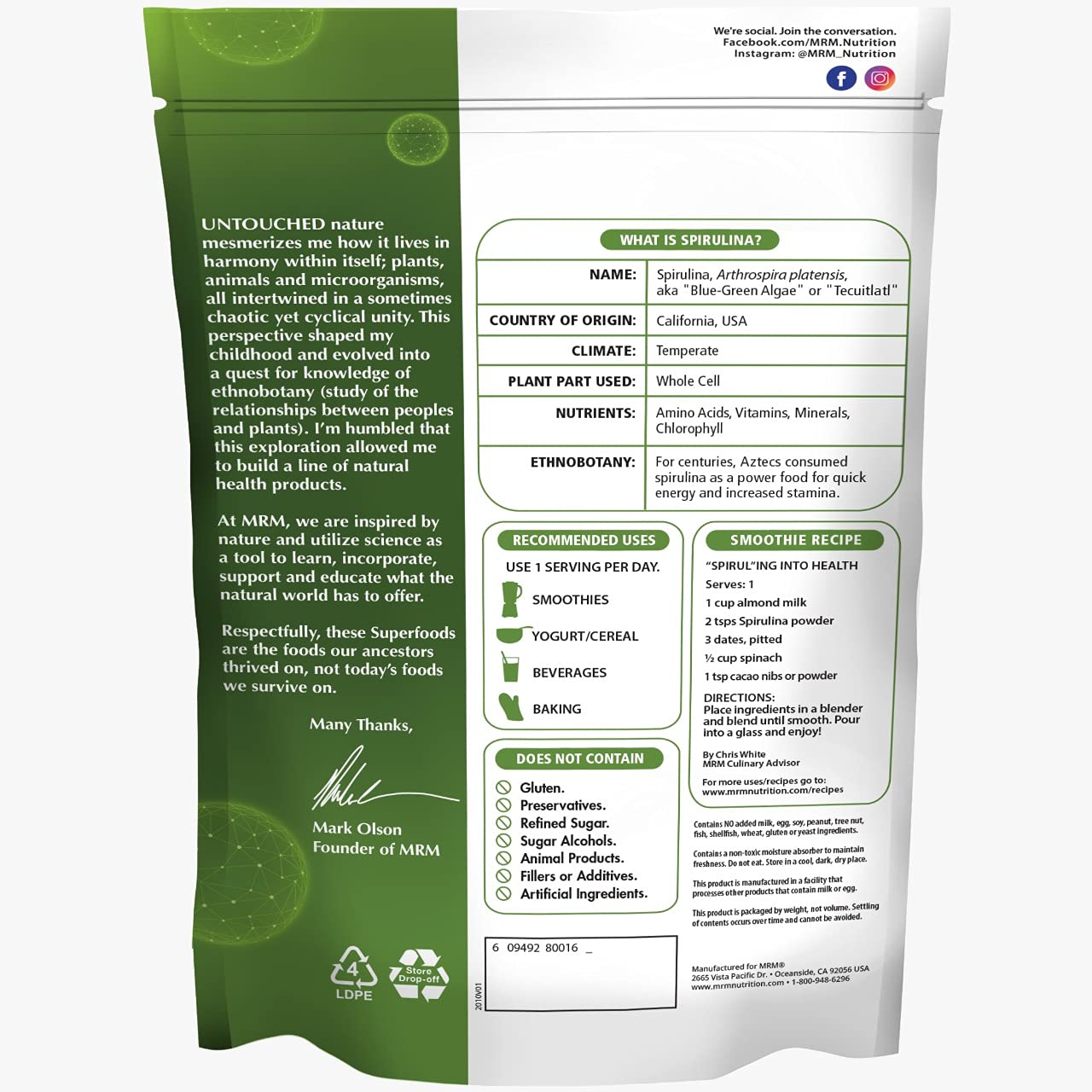 MRM Spirulina Powder with scoop, measuring a plant-based protein boost for daily routines.