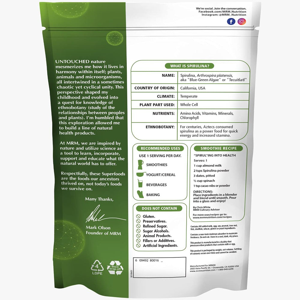 MRM Spirulina Powder with scoop, measuring a plant-based protein boost for daily routines.