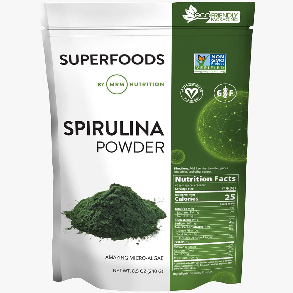 MRM Spirulina Powder label close-up, gluten-free vegan protein source for smoothies.