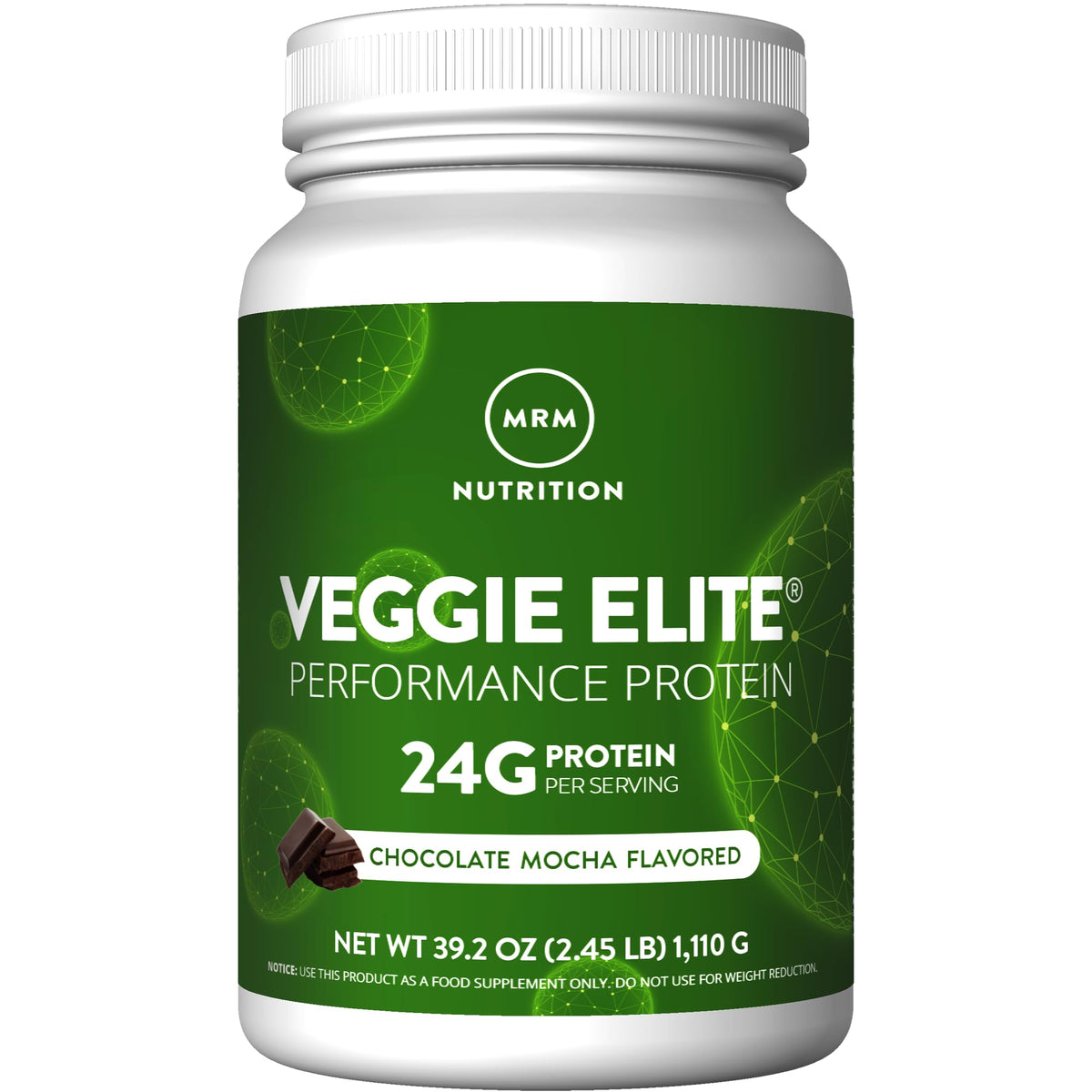 MRM Veggie Elite bottle pouring chocolate mocha shake after training for post-workout refreshment.