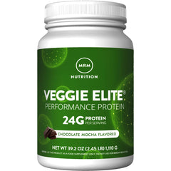 MRM Veggie Elite bottle pouring chocolate mocha shake after training for post-workout refreshment.