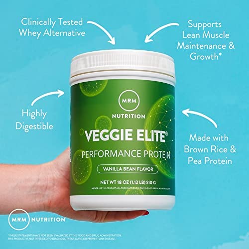 MRM Veggie Elite vegan gluten-free badge signals clean plant-based formula.