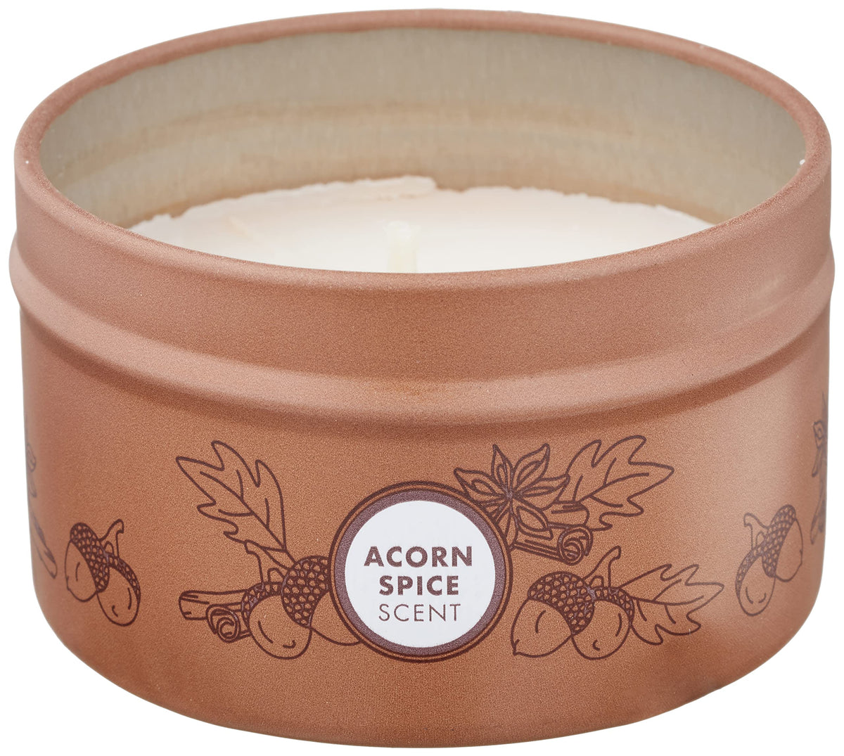 Mrs. Meyer's Acorn Spice tin candle label, showcasing a warm, garden-inspired scent for cozy autumn spaces.