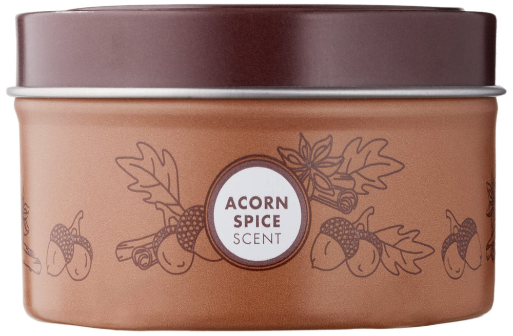 Mrs. Meyer's Acorn Spice tin candle side view, showing compact recyclable tin perfect for shelf decor and scent.