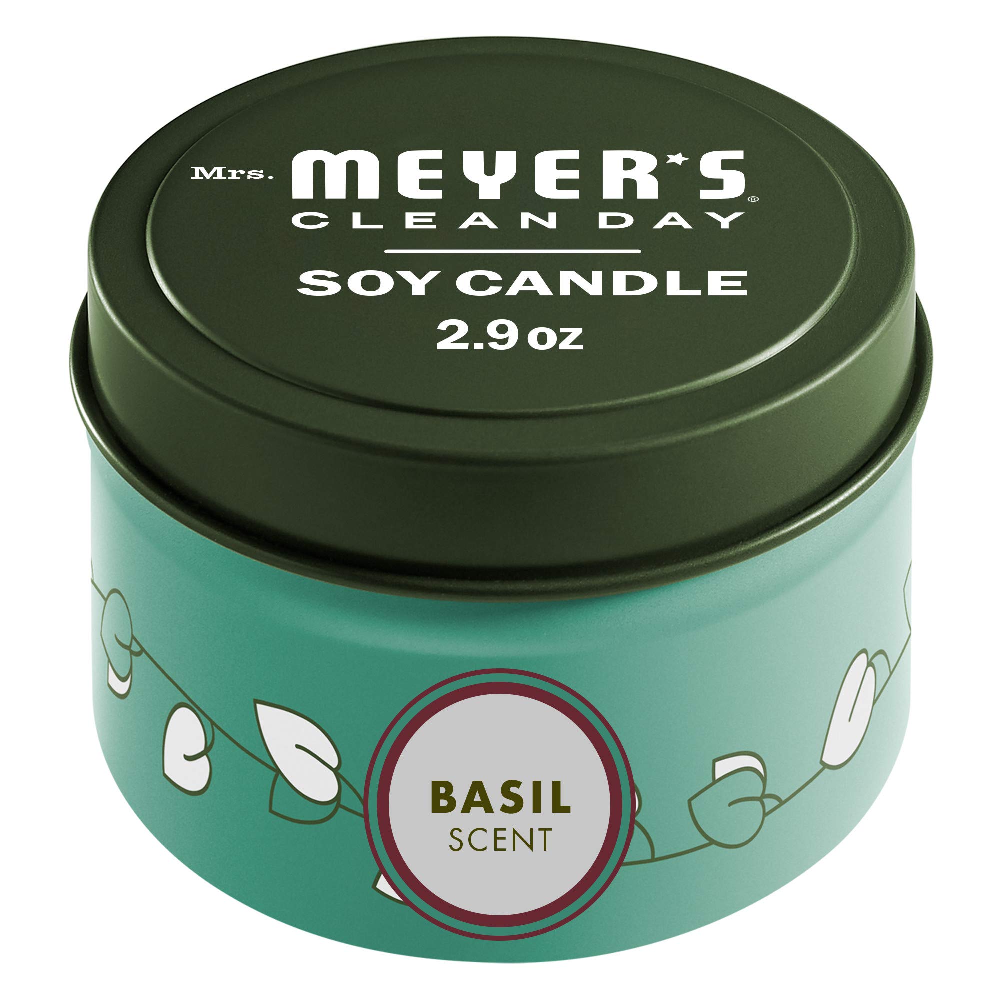 Mrs. Meyer's Basil Tin Candle with lead-free wick for a clean burn and garden-fresh aroma.