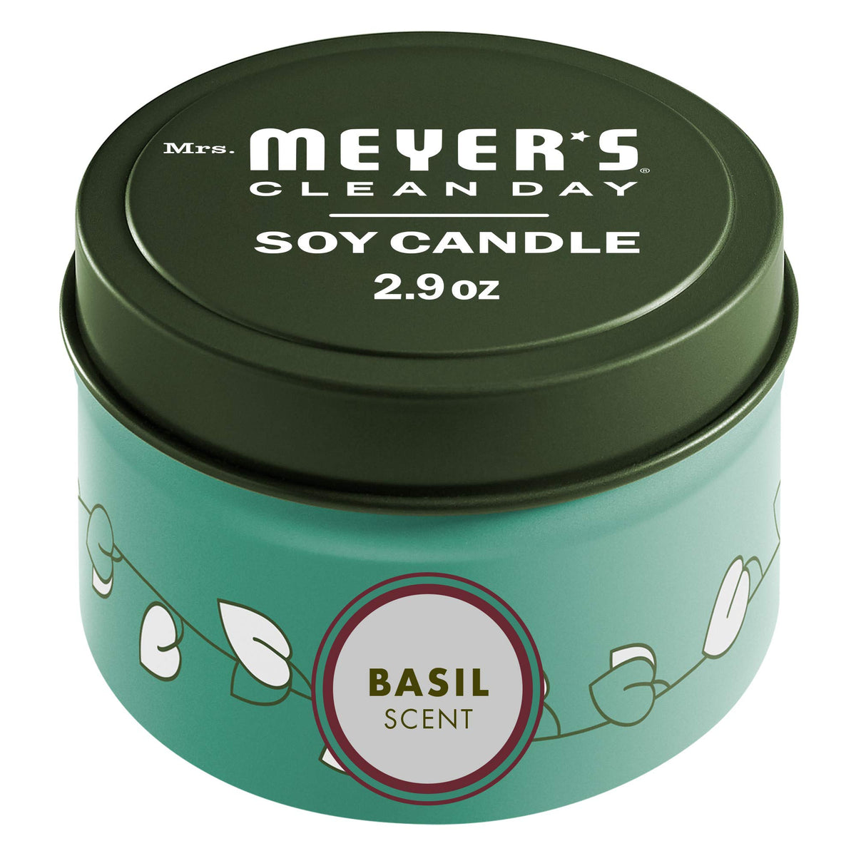 Mrs. Meyer's Basil Tin Candle with lead-free wick for a clean burn and garden-fresh aroma.