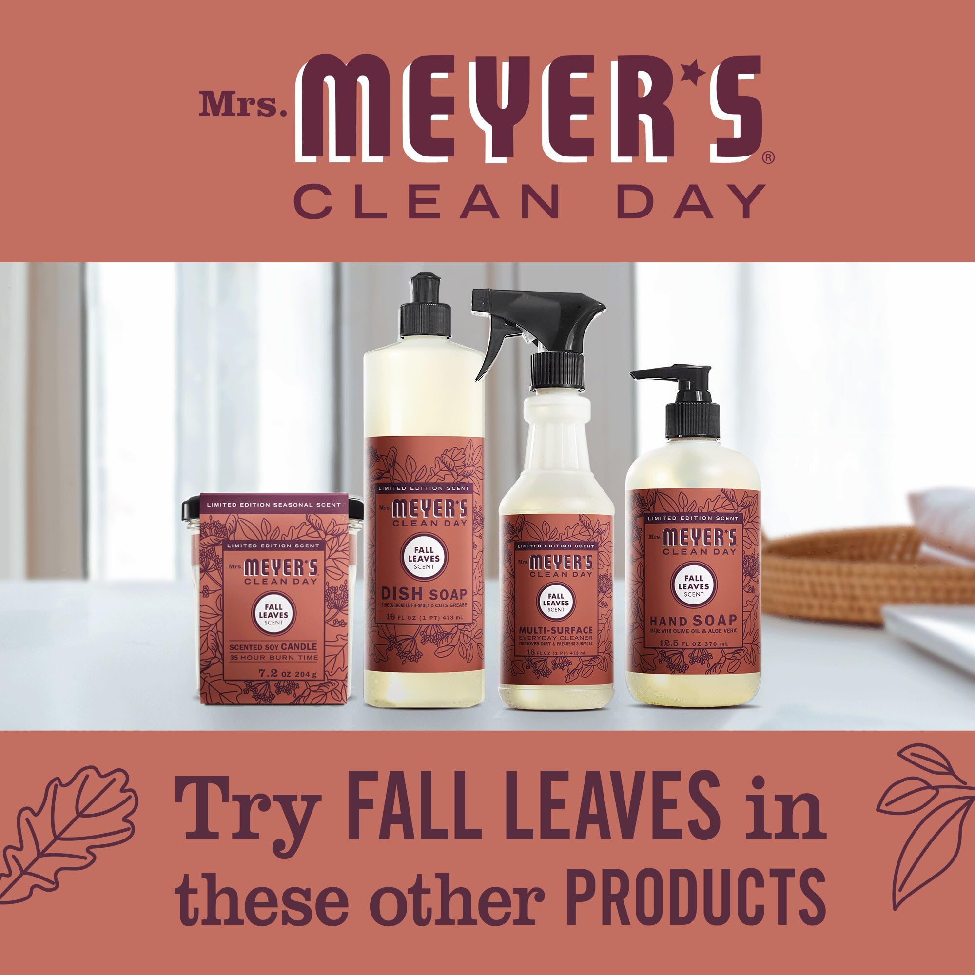 Fragrance profile of Mrs. Meyer's Fall Leaves candle in a dim setting.