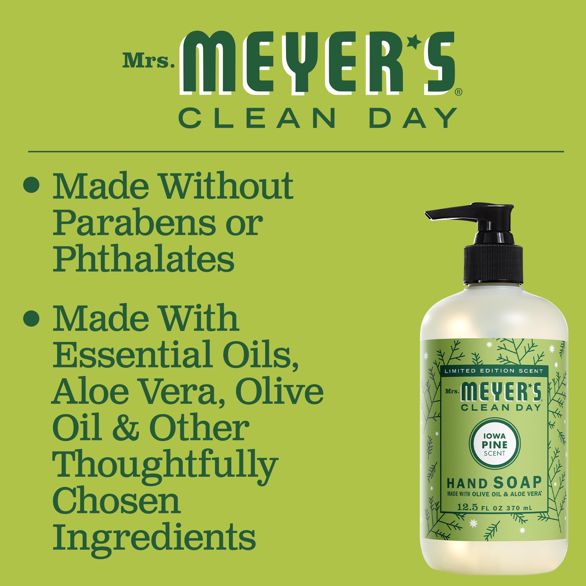 Mrs. Meyer's Clean Day Iowa Pine ingredients list featuring olive oil and aloe