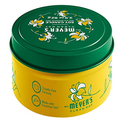 Mrs. Meyer's Honeysuckle candle showing soy wax and a lead-free wick for a clean burn.