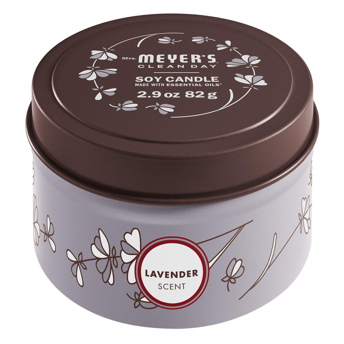 Mrs. Meyer's Lavender tin candle in decorative packaging for a calm home ambiance
