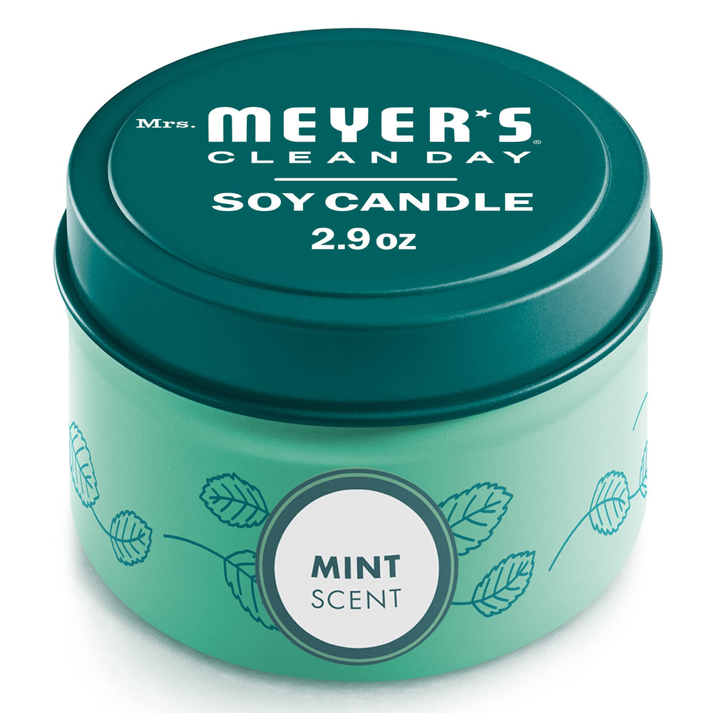 Mrs. Meyer's Clean Day Mint Tin Candle in decorative tin for fresh kitchen fragrance.