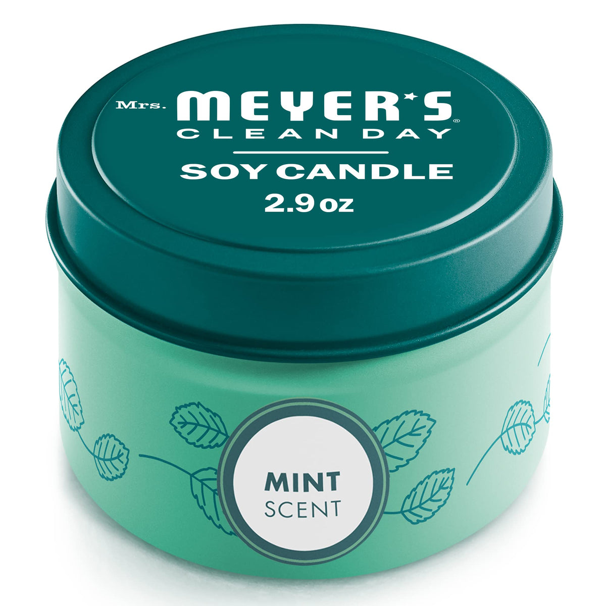 Mrs. Meyer's Clean Day Mint Tin Candle in decorative tin for fresh kitchen fragrance.