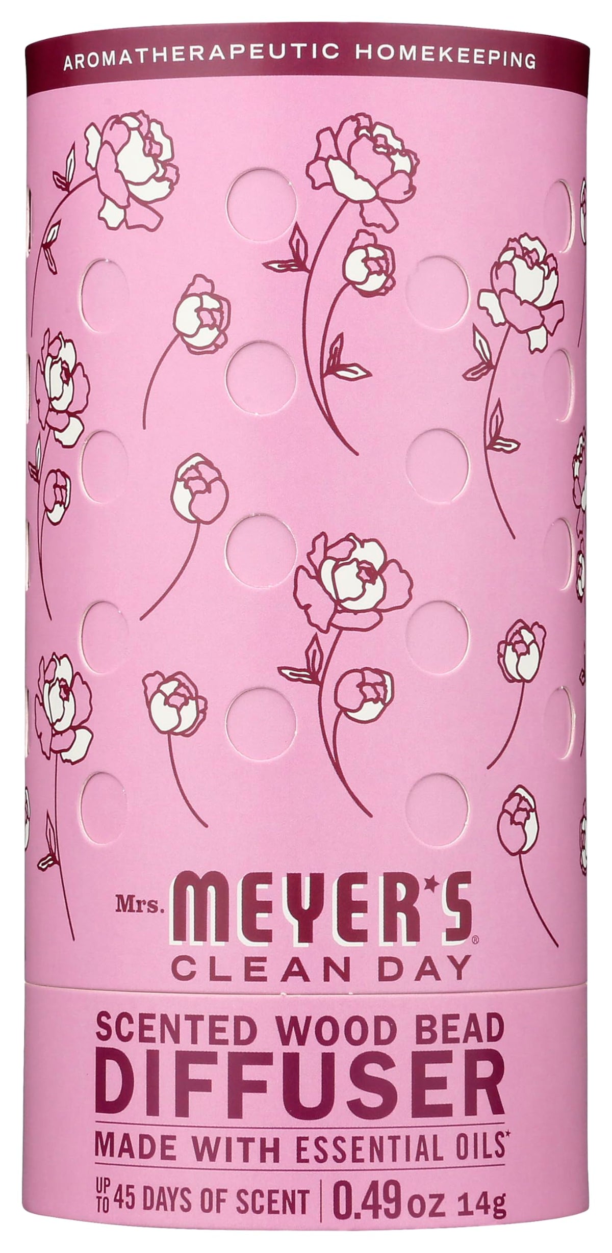 Mrs. Meyer's Clean Day Peon Bead Diffuser front view releasing Peony fragrance for fresh rooms