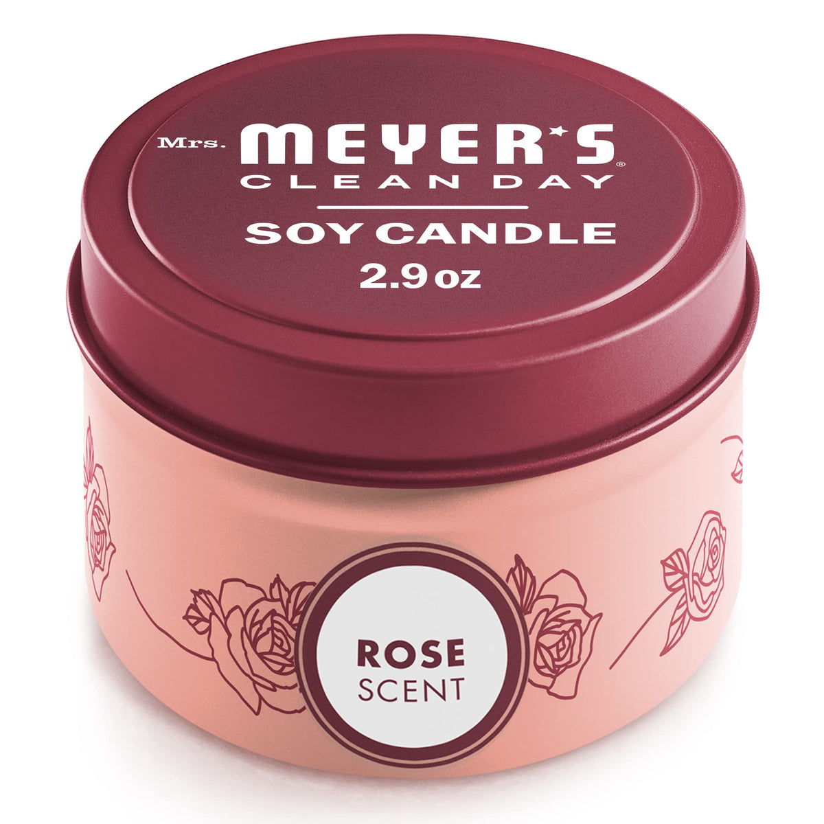 Mrs. Meyer's Clean Day Rose tin candle fills rooms with a garden aroma.