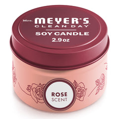 Mrs. Meyer's Clean Day Rose tin candle fills rooms with a garden aroma.