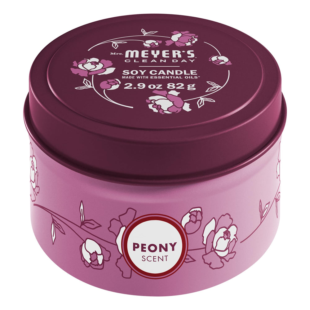 Mrs. Meyer's Clean Day soy tin candle peony in vibrant bloom fragrance.