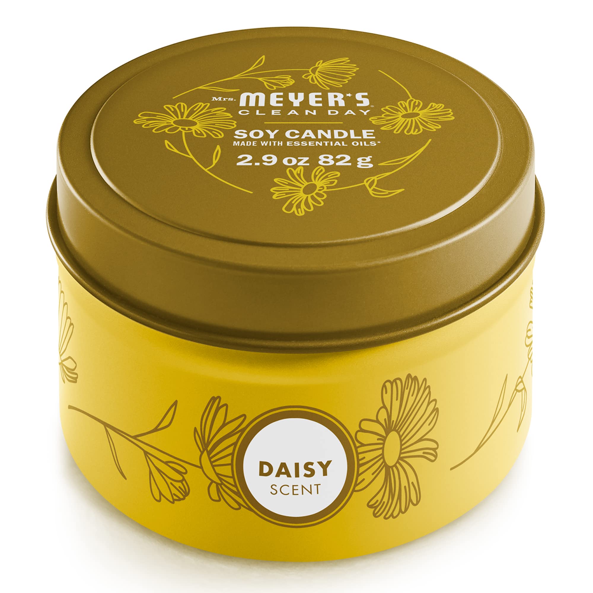Mrs. Meyer's Daisy Tin Candle, front view, adds fresh garden scent to any room.