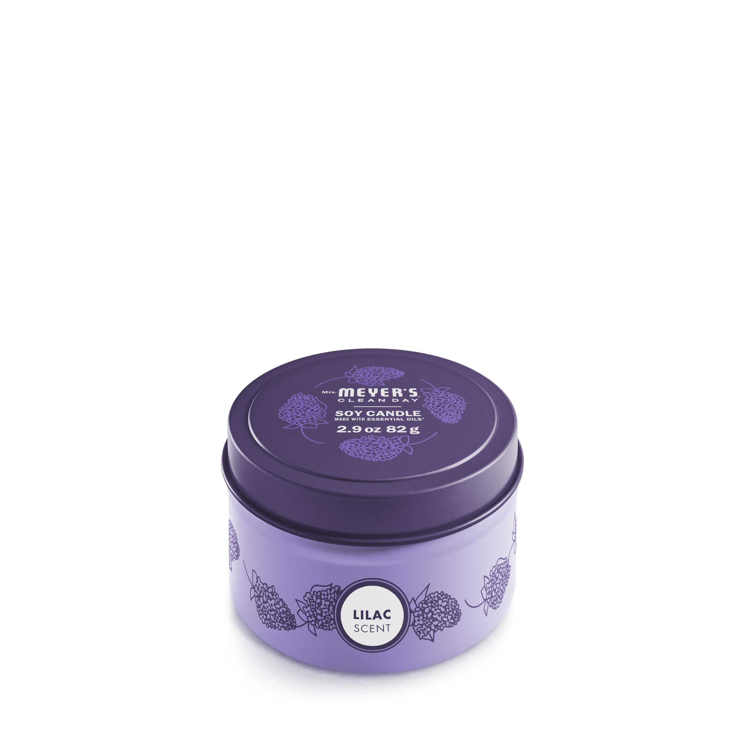 Mrs. Meyer's Lilac candle tin emits a fresh floral scent for a bright room.