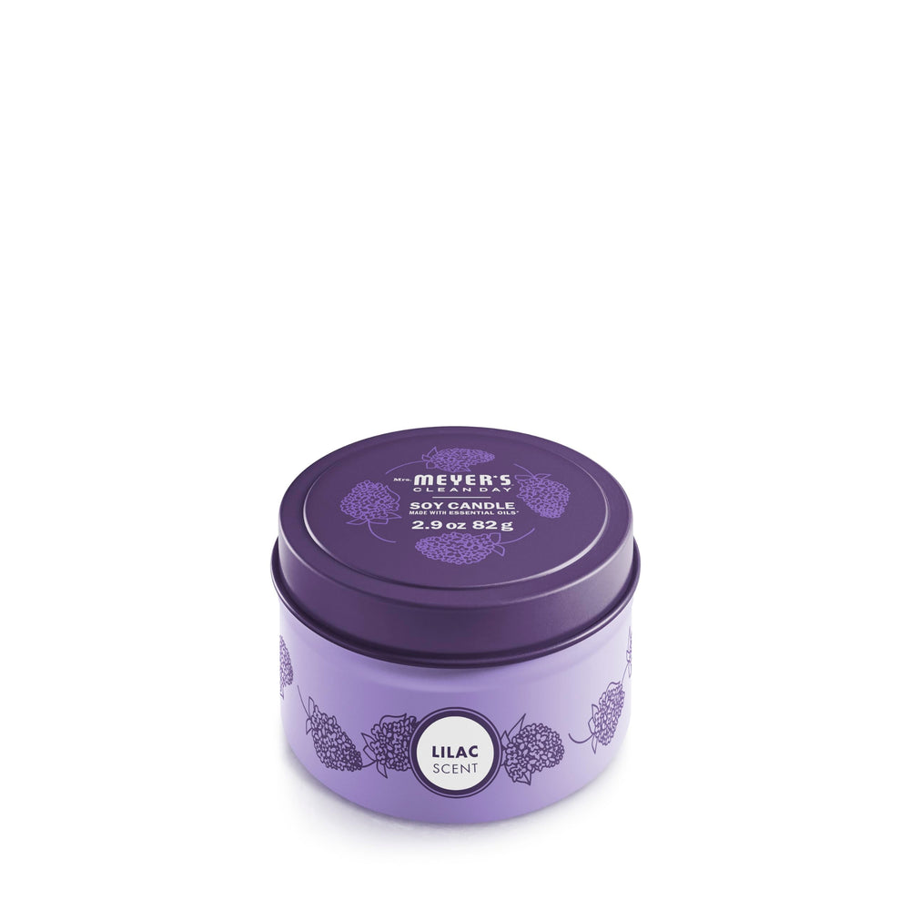 Mrs. Meyer's Lilac candle tin emits a fresh floral scent for a bright room.