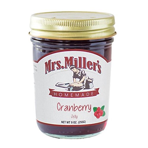 Mrs. Miller's Cranberry Jelly jar front view, vibrant color perfect for toast and pairing.