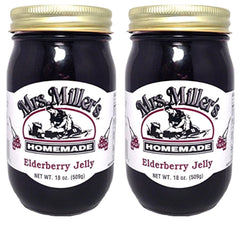 Mrs. Miller's Elderberry Jelly jar on the counter, perfect for breakfast ideas.