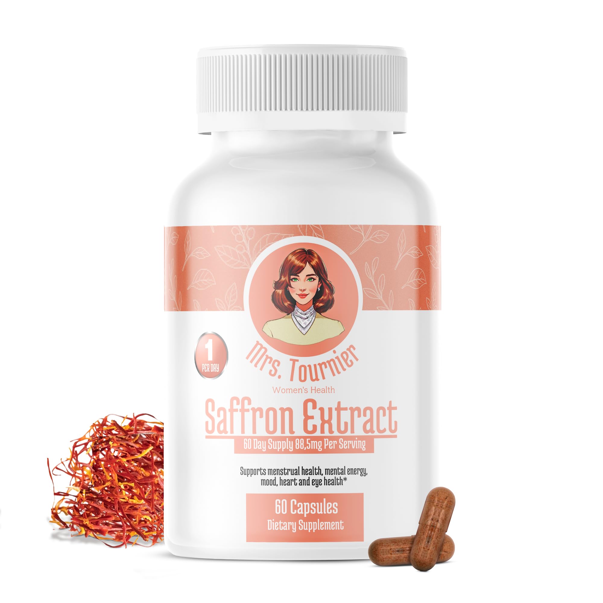 Mrs. Tournier saffron 88.5mg bottle front view for daily wellness