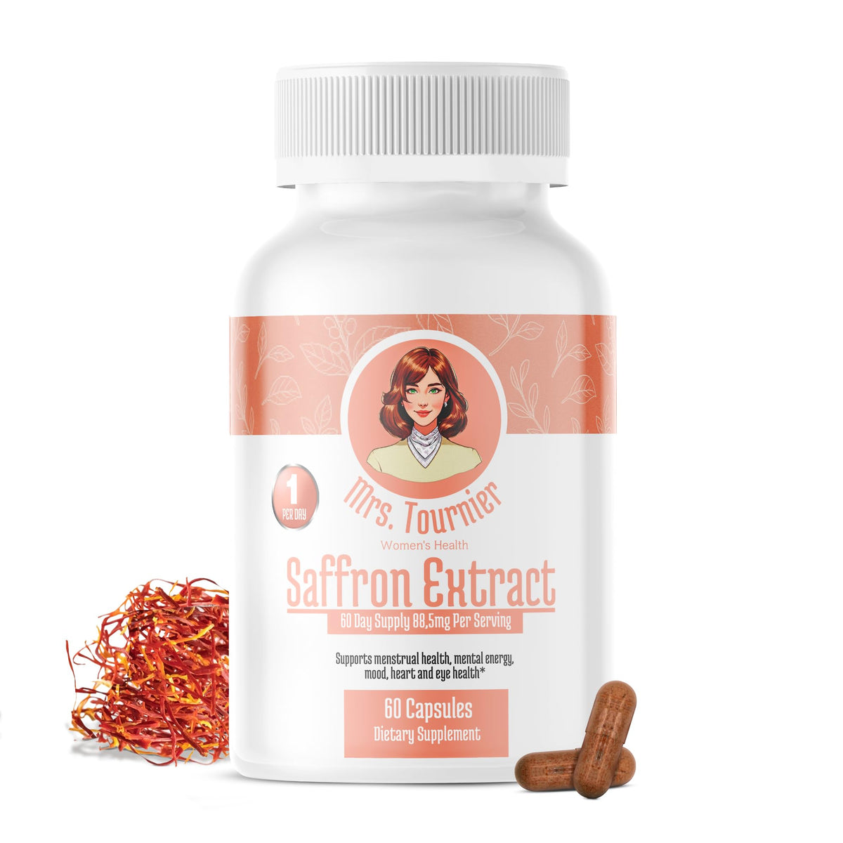 Mrs. Tournier saffron 88.5mg bottle front view for daily wellness