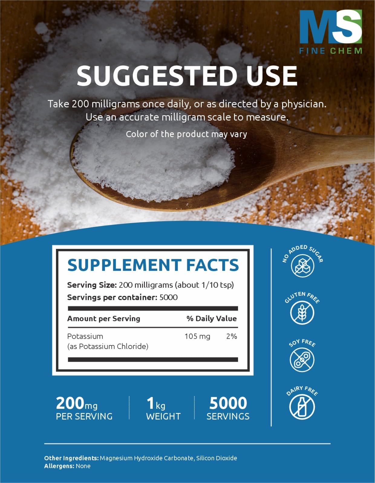 Pouring MS Finechem potassium chloride powder for a low-sodium salt substitute.