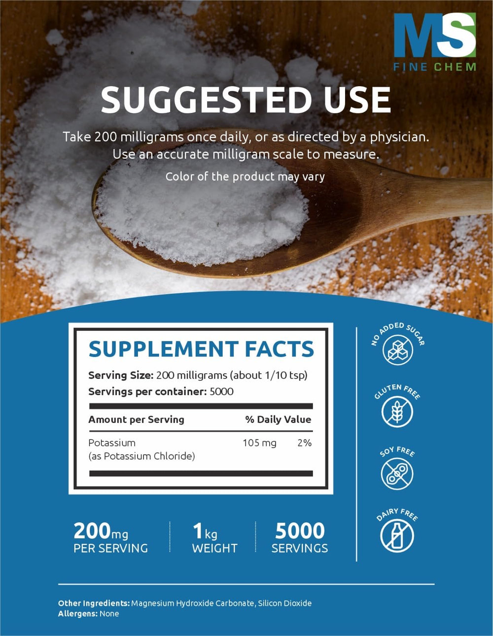 Pouring MS Finechem potassium chloride powder for a low-sodium salt substitute.
