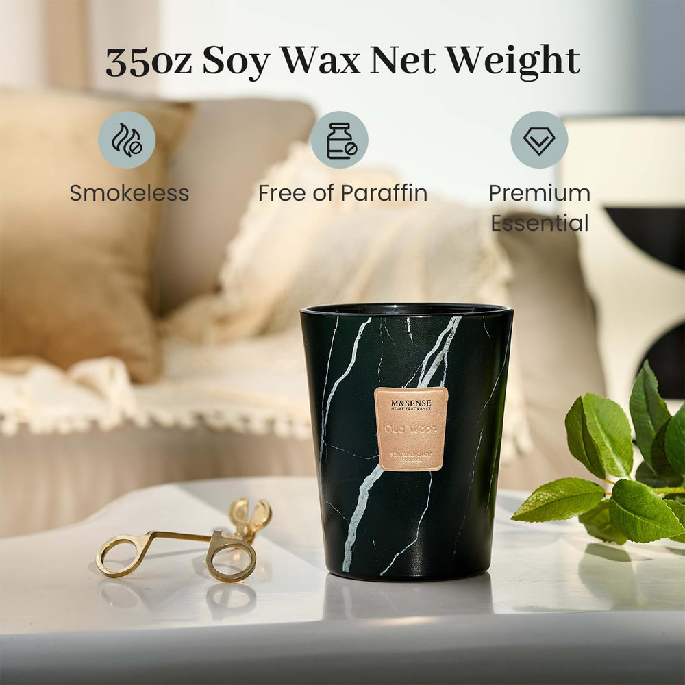 M&SENSE candle with 150-hour burn time offers long-lasting fragrance.