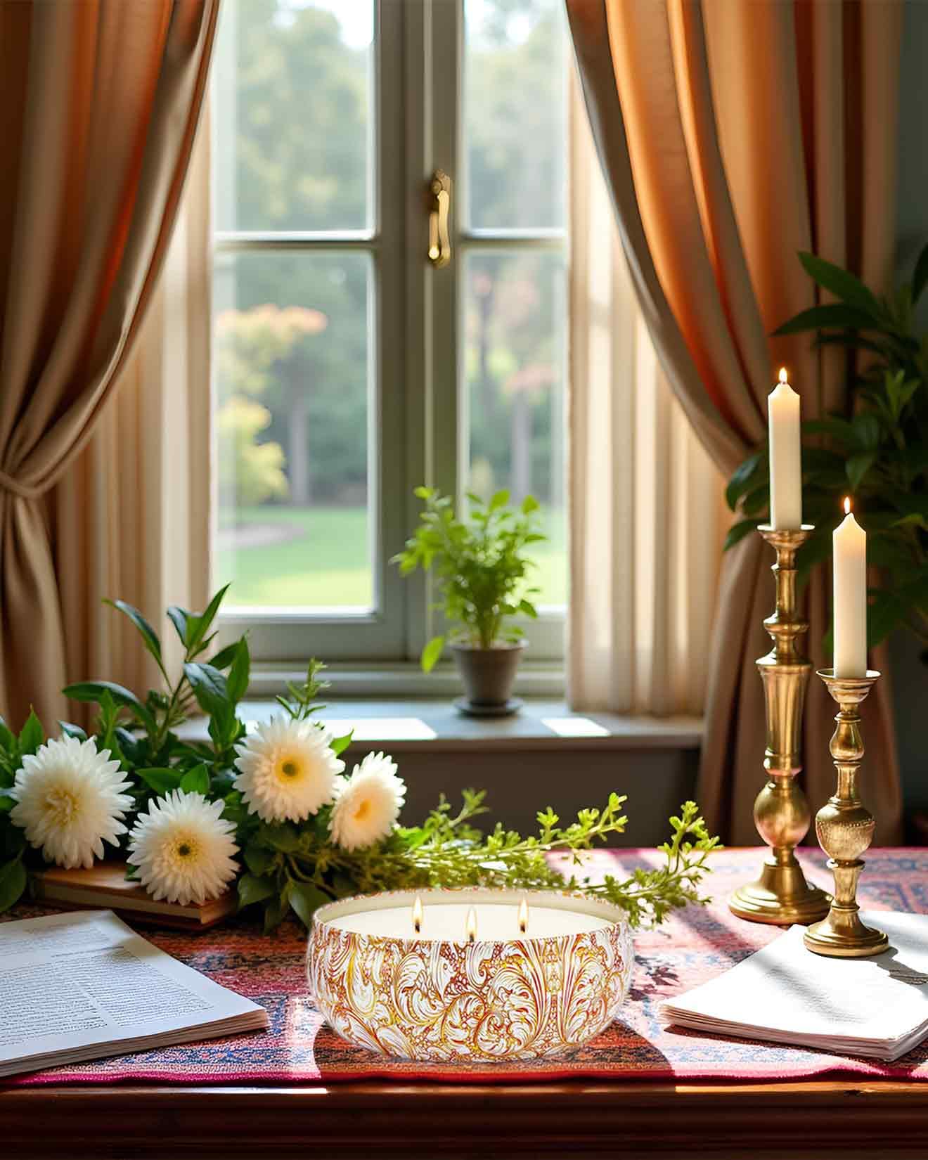 MSENSE three-wick basil flower candle burns to fill large spaces with scent.
