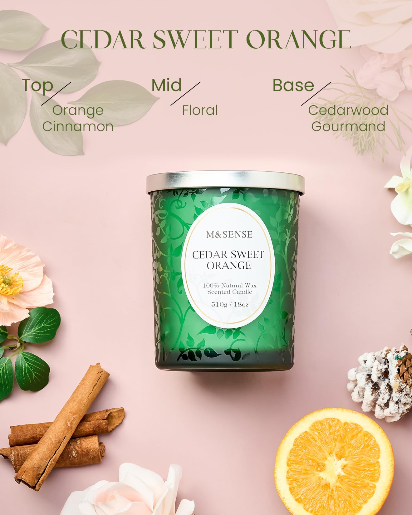 M&SENSE Cedarwood Orange scent profile highlighting cedar and citrus notes.
