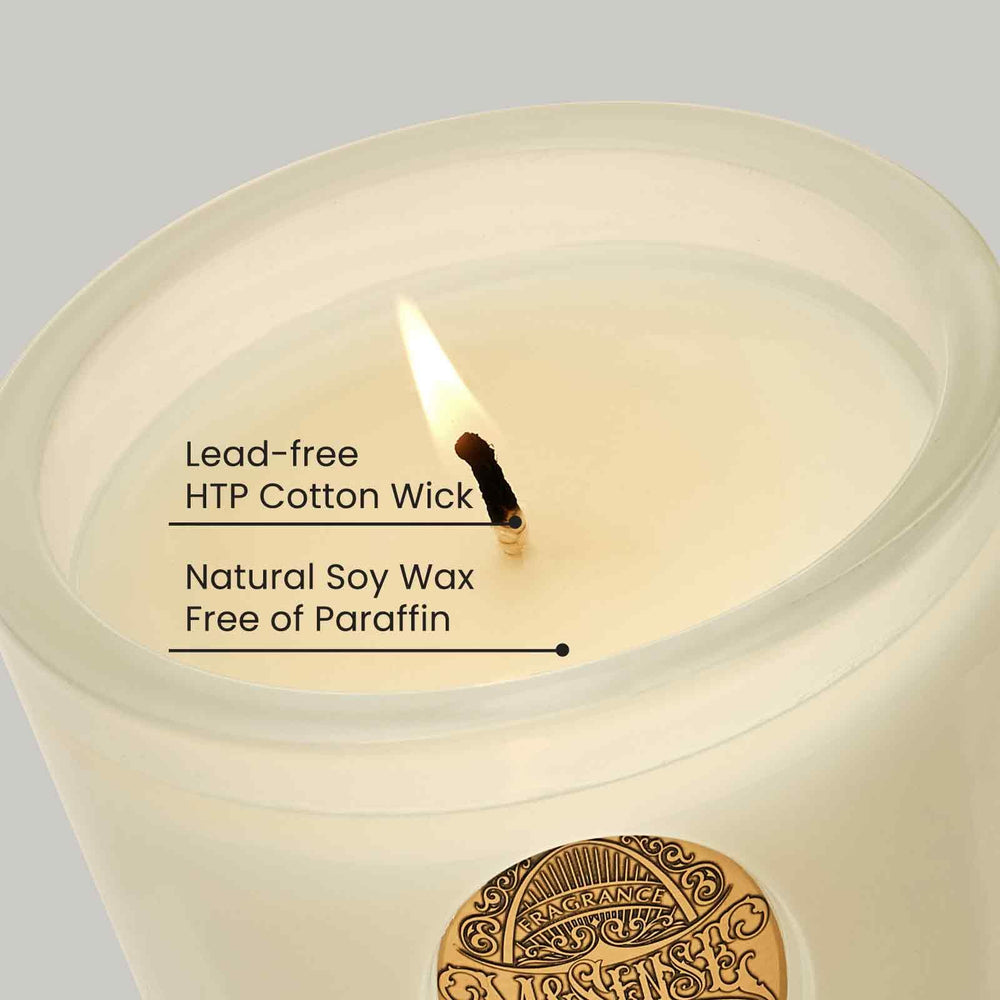M&SENSE jar with lead-free wick detail for smokeless burn.