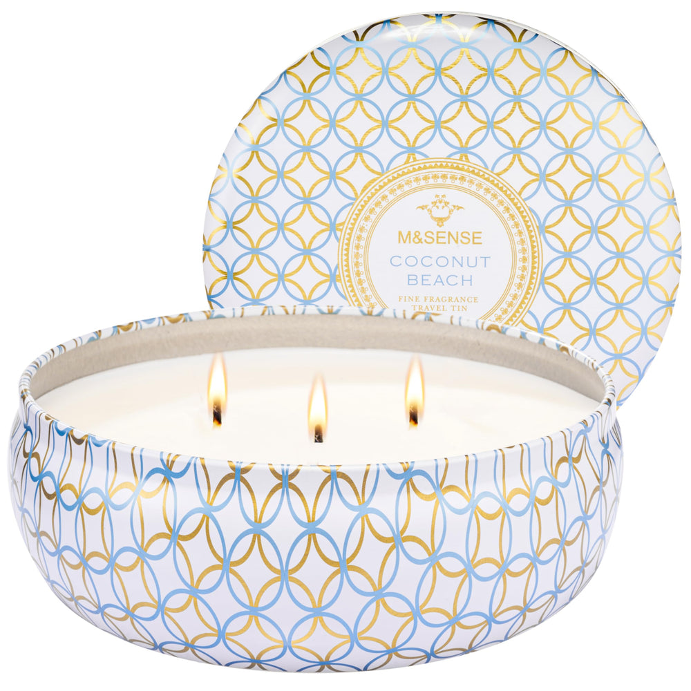 MSENSE Coconut Beach 3-wick candle close-up for stronger scent throw.