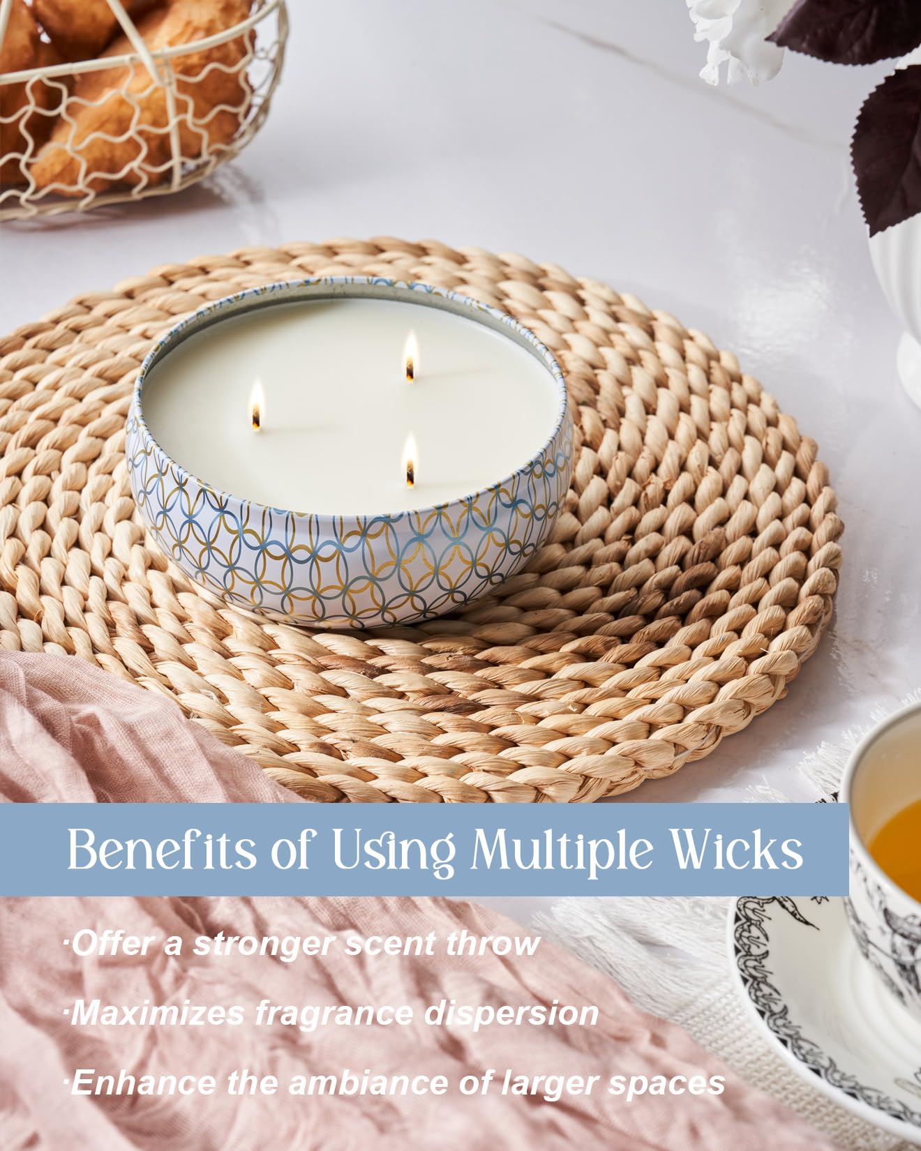 MSENSE Coconut Beach Candle offers 40–50 hours burn with three wicks.